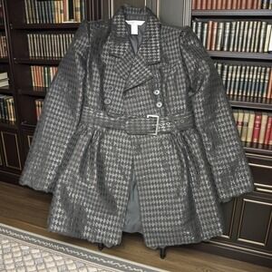 Black‎ Metallic Diamond Trench Coat Belted Women Medium Gothic Grunge Whimsigoth